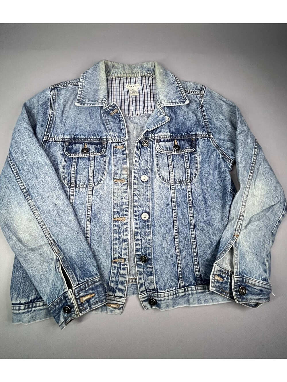 Cherokee acid wash denim jacket Vintage 90s M plaid trucker